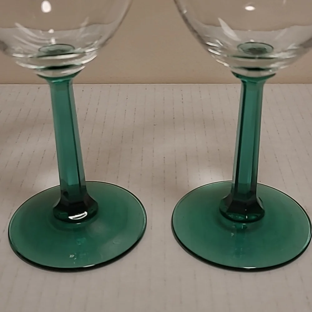 Pair of Vintage Green Stemmed Crystal Wine Glasses